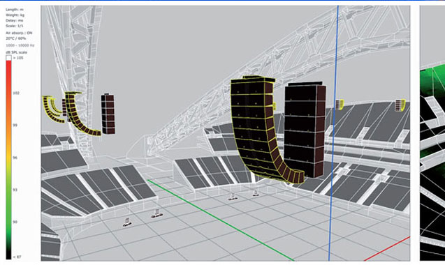 Line-array hang modelled over the venue